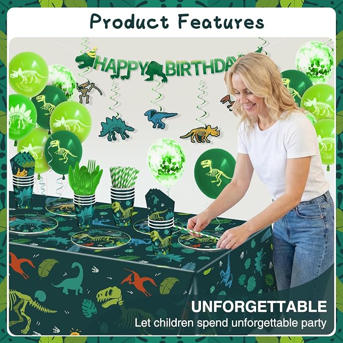 274 Pcs Dinosaur Birthday Decorations, Dinosaur Birthday Party Supplies with Banner, Balloons, Cake Toppers, Plates, Cups and Tablecloth for Boy Dino Party Decor, Serves 24
