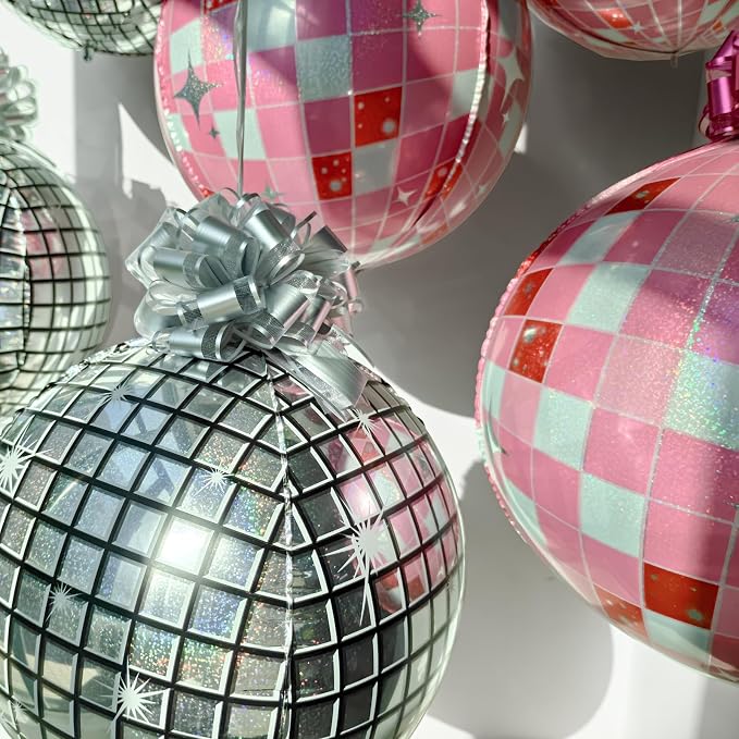 6 Pack 4D Disco Ball Ornament Balloons with 12 Pull Ribbon Gift Bows – Y2K Ceiling Hanging Balloon Set for Prom, Disco Party, Cowgirl Retro Party & Bachelorette Decorations