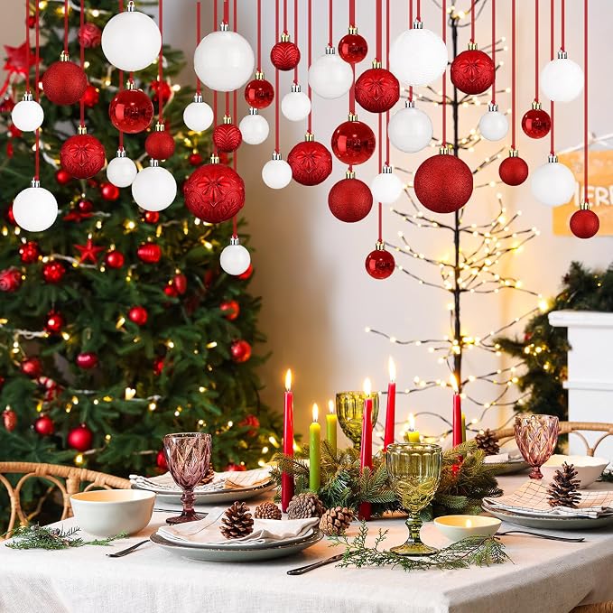 36 Pcs Christmas Balls Ornaments for Ceiling, 1.6'' 2.4'' 3.2'' Large Big Shatterproof Christmas Hanging Decorations Balls for Tree Xmas Holiday Party Indoor(Red, White)