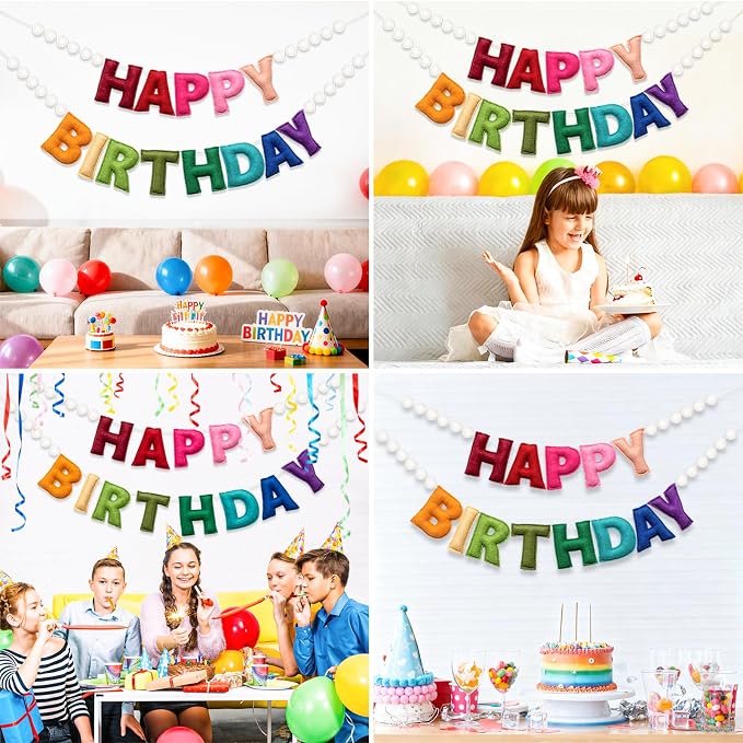 2Pcs Upgraded Pre-Strung Ultra-Soft Wool Felt Happy Birthday Banner Sign, Felt Ball Garland, Rainbow Theme Party Decorations, Reusable Colorful Birthday Garland for Party Decor, Room Decor, Photo Prop