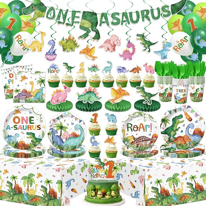 210 Pcs 1st Dinosaur Birthday Party Decorations Serves 24 ，First Rex Theme Dino Roar Party Supplies with Banner Hanging Plates Napkins Cups Forks Knives Tablecloth Topper Balloons for Boy Party
