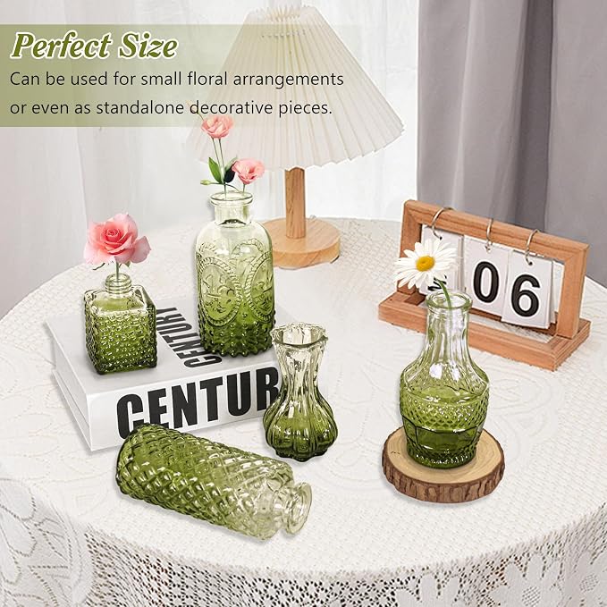 Set of 40 Glass Bud Vases, Small Green Glass Vases in Bulk, Mini Vintage Embossed Flower Vase for Wedding, Centerpieces, Birthday Party, Baby Shower, Home Table Decorations (Green)