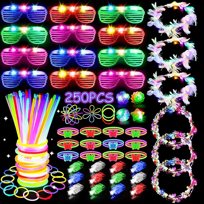 JOJUJB 250PCS Glow in the Dark Party Supplies for Kids Adults,Light Up Party Favors with Light Up Toy Glasses,100 Glow Sticks Bulk Party Pack DIY Glow Necklaces,Bracelets hora loca accessories