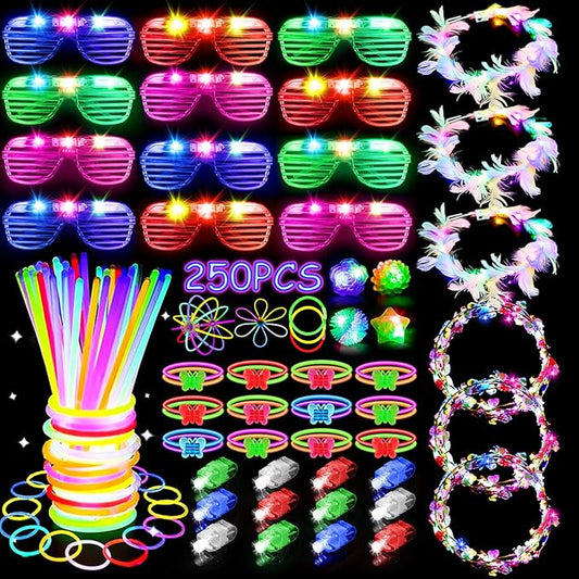 JOJUJB 250PCS Glow in the Dark Party Supplies for Kids Adults,Light Up Party Favors with Light Up Toy Glasses,100 Glow Sticks Bulk Party Pack DIY Glow Necklaces,Bracelets hora loca accessories