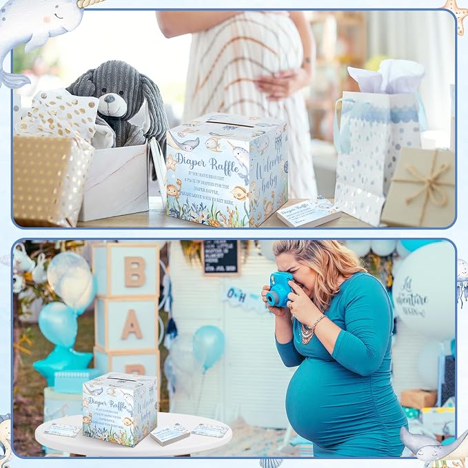 Teling 51 Pieces Diaper Raffle Tickets with Card Box Baby Shower Decorations Baby Shower Holder Box for Girl Boy Diaper Raffle Party(Ocean Animals)
