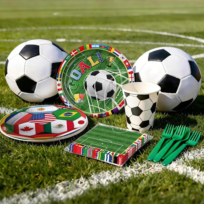 Soccer Party Supplies Decorations Kit for 24 Guests-The 23rd World Cup Design Dinnerware-Plates(9&7in) Napkins Cups Cutlery 2 Tablecloths & Soccer Pennant Flags Banner for Party, World Cup, Birthday