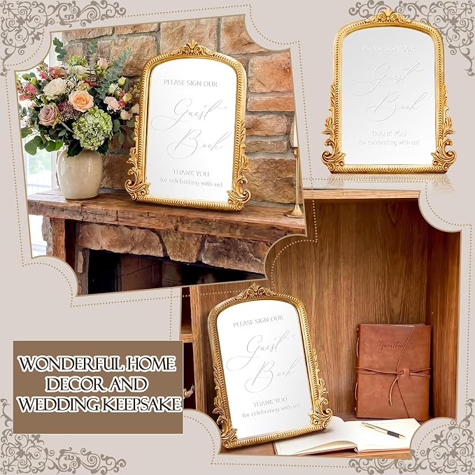 Bucherry Vintage Love Wedding Sign Please Sign Our Guest Book Mirror Plaque Elegant Resin Frame with Mirror 12" x 7.5" Baroque Reception Decor Gold Table Centerpiece