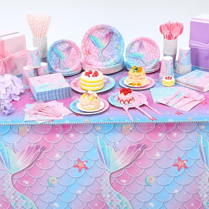 Funnymoom 452 Pcs Mermaid Party Decorations Include Sea Mermaid Paper Plates Napkins Cups Tablecloth Cutlery Straws Ocean Tableware for Baby Shower Birthday Party Supplies
