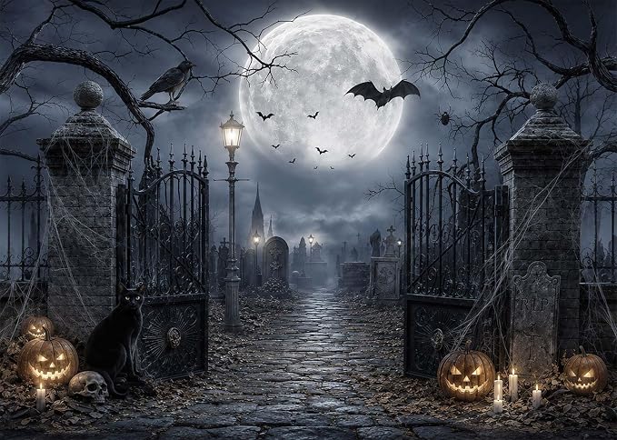 12x10ft Halloween Backdrop Spooky Graveyard Cemetery Full Moon Pumpkin Black Cat Skull Photography Background, Horror Fall Party Decor Photo Booth Props, Kids Birthday Studio Wall Decor Banner