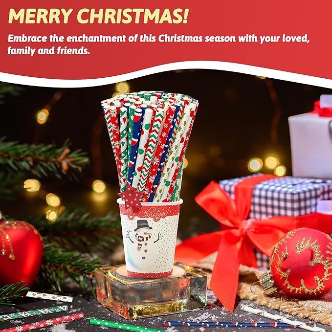 200 Pcs Christmas Paper Straws, 10 Styles Biodegradable Colorful Disposable Drinking Christmas Straws for Christmas Party Supplies, Desserts, Thanksgiving, New Year and Holiday Party Decorations