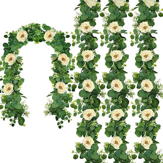 4 Packs 24FT Artificial Eucalyptus Flower Garland with White Camellias, Faux Greenery Garland Wedding Decor Fake Flower Rose Hanging Vine for Home Yard Table Party Decor