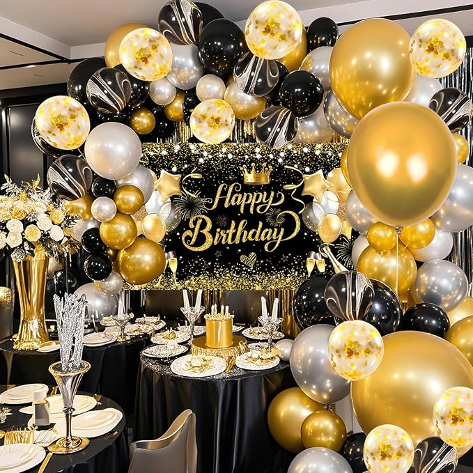 Black Golden Happy Birthday Party Balloons Decorations Set, 80 PCS | with Photo Background Backdrop, Happy Birthday Sign Banner Cloth, 3 PCS 18inch Metal Gold Balloons, Gold Confetti Balloons