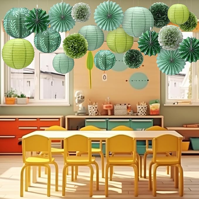 Soulchen 18 Pcs Greenery Classroom Decor Sage Green Paper Lanterns Set Classroom Ceiling Hanging Decorations Hanging Greenery Tissue Pom Poms Fans Decor for Neutral School Boho Birthday Party