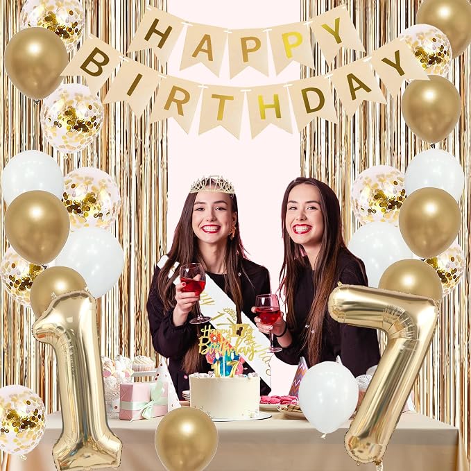 Trgowaul 17th Birthday Decorations for Girls, Happy Birthday Banner, Sash and Crown, 17 Number Balloon, Fringe Curtains, Champagne Gold 17-Year-Old Old Party Supplies
