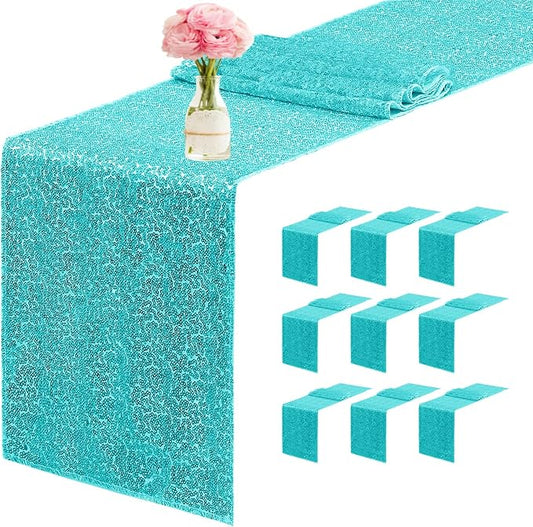 10 Packs 12 x 72 inches Sequin Table Runner, Turquoise Glitter Table Runner for Birthday Party Supplies Wedding Engagement Baby Shower Holiday Celebration Event Decorations