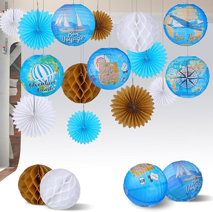 Baquler 18 Pcs Travel Party Party Decoration Around The World Bon Voyage Hanging Paper Lantern Let The Adventure Begin Fans Honeycomb Ball for Birthday Baby Shower Ceiling Decor Supplies