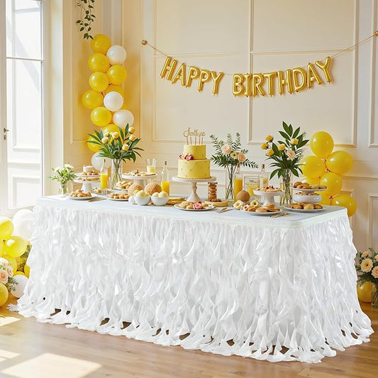 Wish Care 14ft White Sequin Table Skirt for Rectangle Tables Glitter Curly Willow Tutu Skirt Ruffle Table Cloth Desk Skirts for Wedding Birthday Baby Shower Party Banquet Table Skirting Decorations