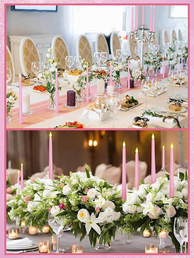 Funtery 48 Pcs Flameless LED Taper Candles Battery Operated Candles Bulk Realistic LED Candlesticks Flickering for Wedding Church Party Home Decor(Pink,11 Inch,Classic Style)