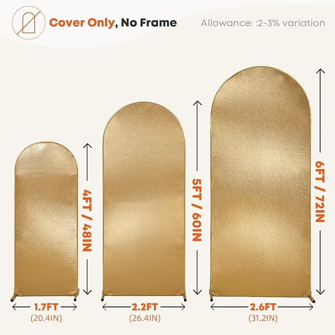 Gold Shimmer Arch Backdrop Cover Set of 3 (4 5 6FT) with Zipper,Thick Soft Stretchy Sequin Glitter Spandex Fitted Chiara Cover for Wedding Birthday Baby Shower Graduation Party Photo Backdrop
