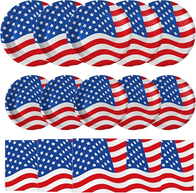 4th of July Plates and Napkins Sets - Patriotic American Flag Party Supplies Tableware, July 4th Disposable Paper Plates Napkins Set for Memorial Day, Independence Day Decorations Table Decor,Serve 50
