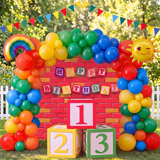 TaoBary 122 Pcs Rainbow Happy Birthday Party Decorations Kits, Friends Birthday Party Supplies, Colorful Cartoon Balloons Backdrop Banner Number Boxes for Rainbow Decoration Supplies