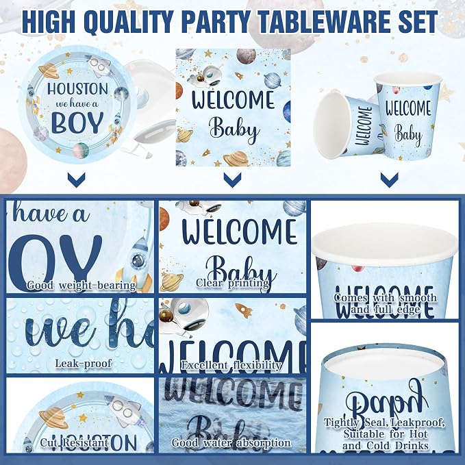 Hushee 200 Pcs Outer Space Baby Shower Paper Plates Napkins Cups Baby Shower Party Supplies Tableware Set Disposable Cup Napkin for 50 Guest Party Decoration