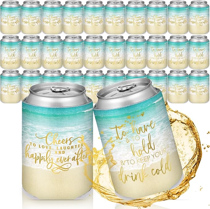 Qinyoung 50 Pieces Beach Theme Wedding Can Cooler Bulk Engagement Party Favors for Guests Cheers to Love Laughter and Happily Ever After Rehearsal Dinner Decorations for Wedding Bridal Party