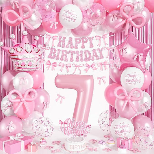 Pink Bow 7th Birthday Decorations for Girls, Coquette Party Decor Include 40 Inch Foil Number 7 Crown Star Balloon Double Stuffed Balloons Pink Bows Cake Topper Happy Birthday Banner Fringe Curtain