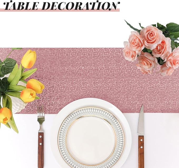 Sugargirl 10 Packs 12 x 72 inches Sequin Table Runner, Glitter Rose Pink Table Runner for Birthday Party Supplies Wedding Holiday Celebration Event Decorations