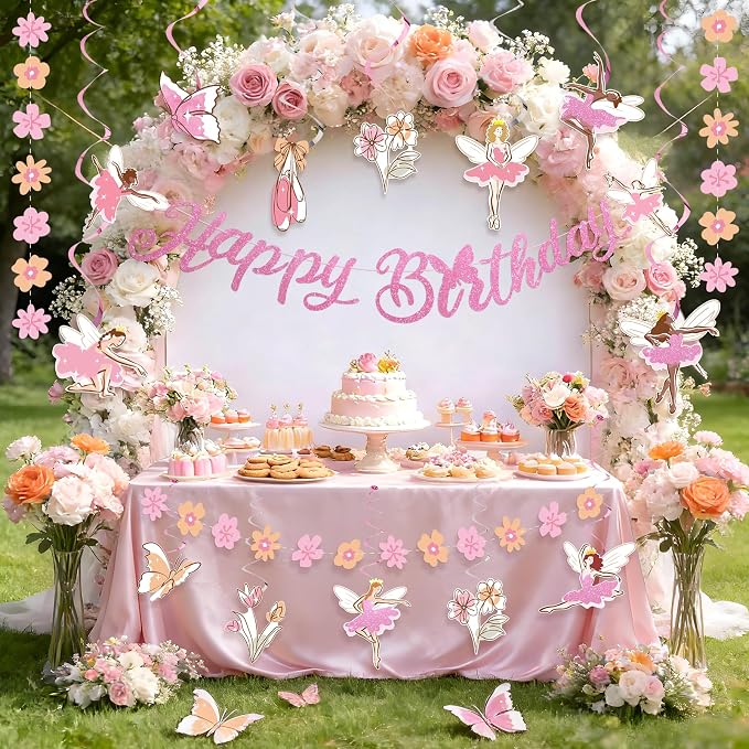 SUNBEAUTY Ballerina Birthday Party Decorations Pink Ballet Girls Happy Birthday Banners Ballet Themed Hanging Banner Flower Garland Wall Ceiling Decor for Girls Tutu Dance Party Supplies