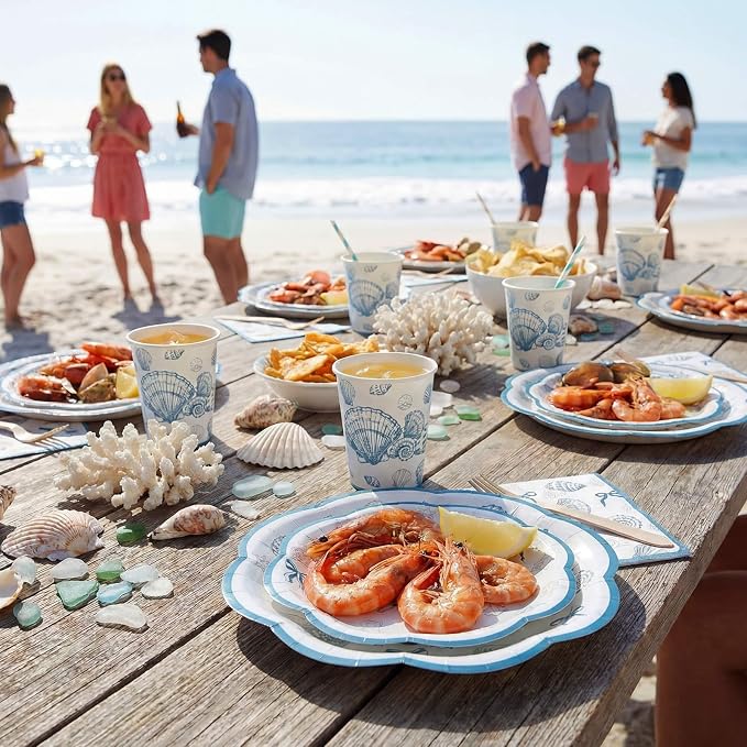 Newtay 250 Pcs Seashell Party Decorations Plates and Napkins Beach Theme Disposable Tableware Dinnerware for 50 Guests Blue Bow Seashell Paper Plates Napkins Cups for Bridal Shower Coastal Party