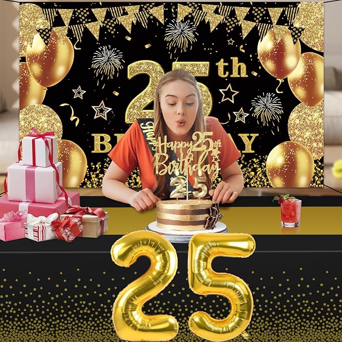 25th Birthday Decorations Men Women with 25th Birthday Banner, Black and Gold Table Cloth, Number Balloons, Large Sash, Cake Topper and Candles