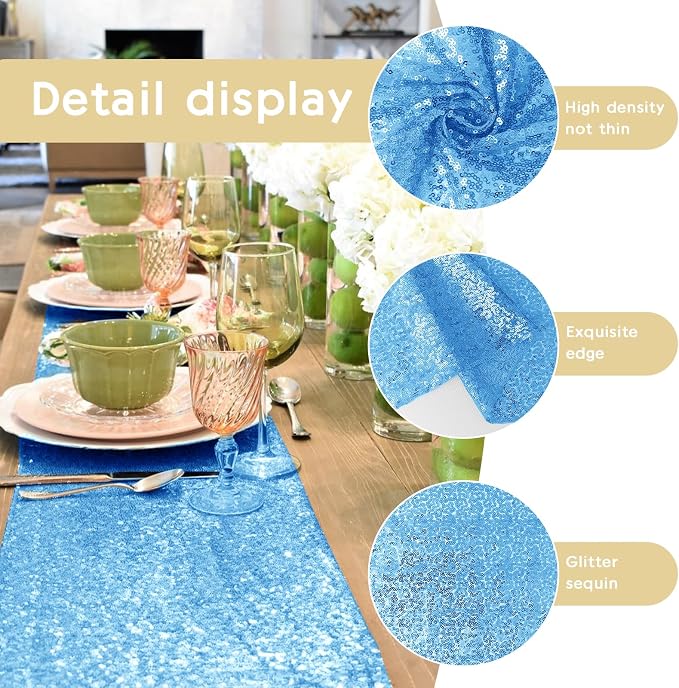 10 Packs 12 x 72 inches Sequin Table Runner, Blue Glitter Table Runner for Birthday Party Supplies Wedding Engagement Baby Shower Holiday Celebration Event Decorations