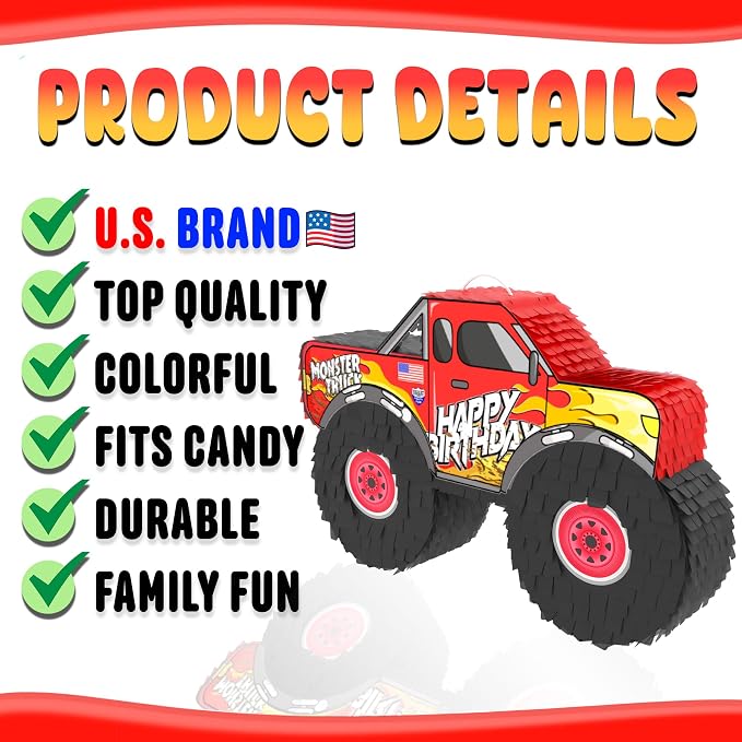 Jergrim Monster Truck Piñata, 4 Piece Set, perfect for Kids Birthday Parties, Race Car Party Supplies fits piñata candy and party favors (16”X10”) Durable!