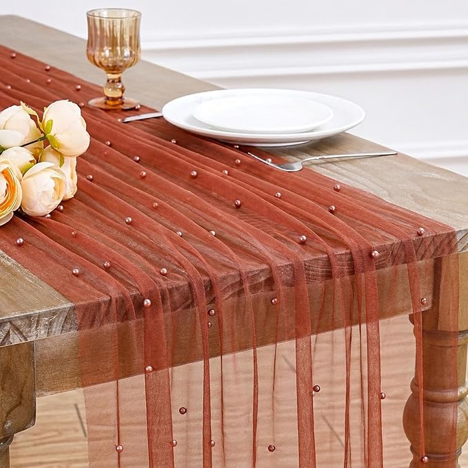 Pearl Gauze Table Runner Tulle Fabric: 10ft Seasonal Dessert Chiffon Pearl Lace Boho Overlay Wedding Veil Outdoor Wedding Aisle Runner Party Decorations Doilies, Terrcotta