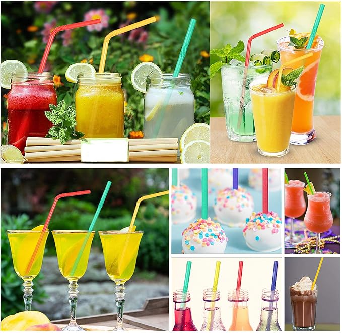 Pro Mael Paper Drinking Straws, Flexible Straws for Juices, Shakes, Smoothies, Disposable Straw for Birthdays, Weddings & Party (200 Pack, 5 Colors)