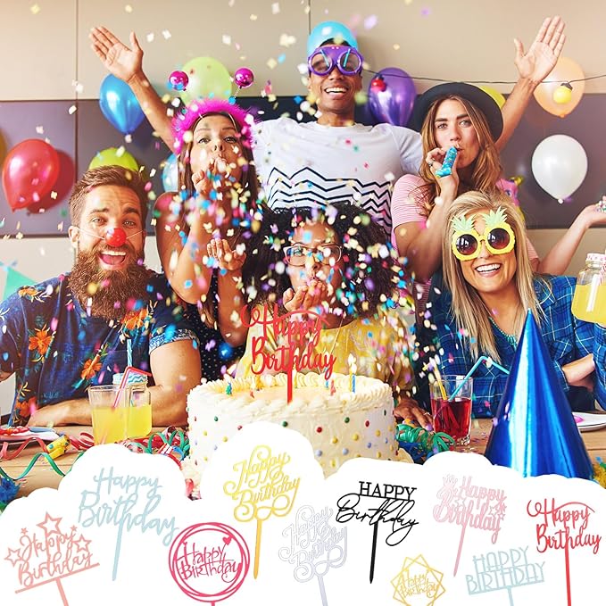 150 Pcs Happy Birthday Cake Toppers Acrylic Cake Topper Glitter Birthday Cake Decorations Double Sided for Adults Various Cake Decoration Party Supplies(Multicolor,Lovely)