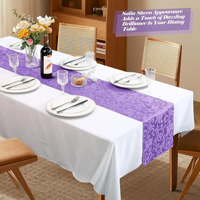 MILVOWOC 12 Pack Lilac Satin Table Runner, 12 x 72 Inch Jacquard Damask Table Runner Rectangle Bright Silky Decorative Table Runner for Party Banquet Birthday Dinner Wedding Table Decor