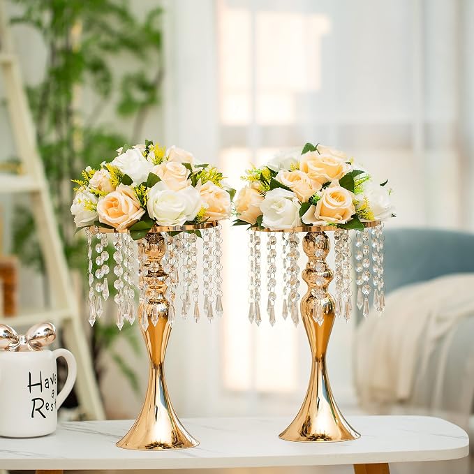 Gold Vase Stand Table: 13.8in Wedding Centerpieces, Set of 2 | High End Crystal Design Vase Stand for Wedding Party Reception Birthday Event Home, Tall Table Center Piece