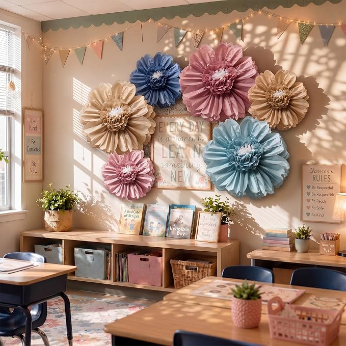 Giegxin 6 Pcs 31.5", 24" Boho Giant Paper Flowers Back to School Bulletin Board Decoration Large Pink Blue Classroom Tissue Flowers for Wall DIY Photo Backdrop Classroom First Day of School Party