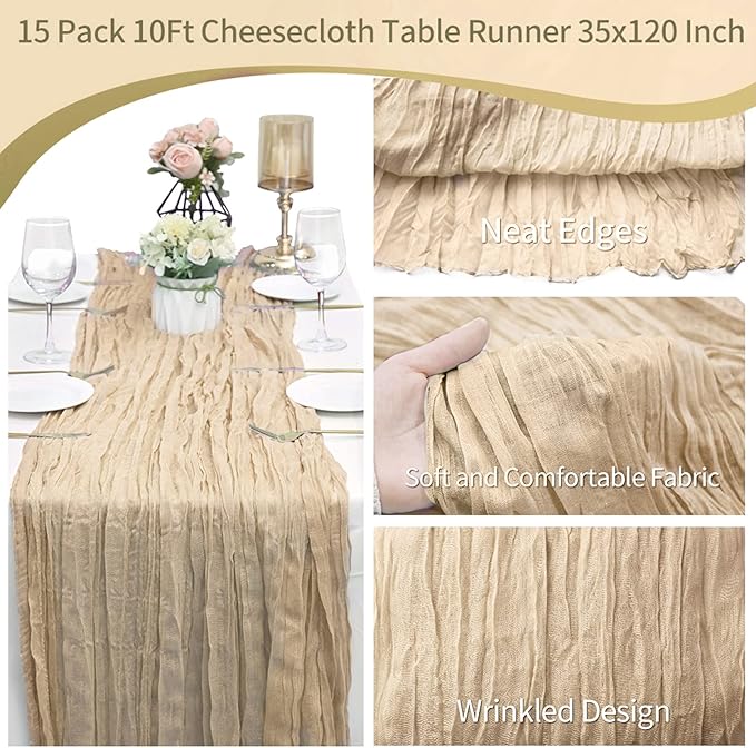 15 Pack Beige Cheesecloth Table Runner 10Ft Rustic Gauze Cheese Cloth Table Runner 35 x120 Inch Romantic Boho Table Runners for Wedding Birthday Party Bridal Baby Shower Engagement Banquet Table Décor