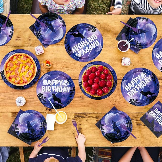 96Pcs Wolf Birthday Party Decorations Galaxy Wolf Plates and Napkins Black Purple Galaxy Disposable Paper Tableware Set for Animal Theme Birthday Outdoor Holiday Party Supplies Serves 24