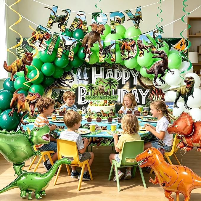 Dinosaur Birthday Party Decorations, 173 PCS Dino Party Supplies | Tableware Serves 10, Banner, Backdrop, Tablecloth, Cake Toppers, Balloons, Hanging Swirls, Stickers for Party Decor