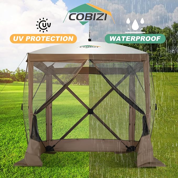 COBIZI 6x6 FT Pop up Gazebo, Popup Canopy Tent, Screened in Gazebos with sidewalls, Waterproof Portable Outdoor Small Screen Tents Sun Shelter,carpas para Patio for Camping, Garden and Backyard,Brown