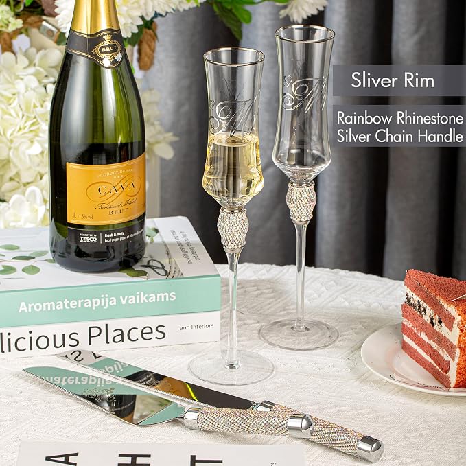 Wedding Cake Knife and Server Set, Mr and Mrs Champagne Flutes Glasses for Bride and Groom Decorated with Colorful Rhinestones, Wedding Gifts for Newly Engaged Couple (Silver)