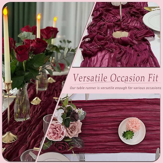 10 Pack Burgundy Cheesecloth Table Runner 17x108 Inch Semi Sheer Boho Rustic Gauze Cheese Cloth Table Runners for Wedding Party Birthday Baby Shower Home Décor