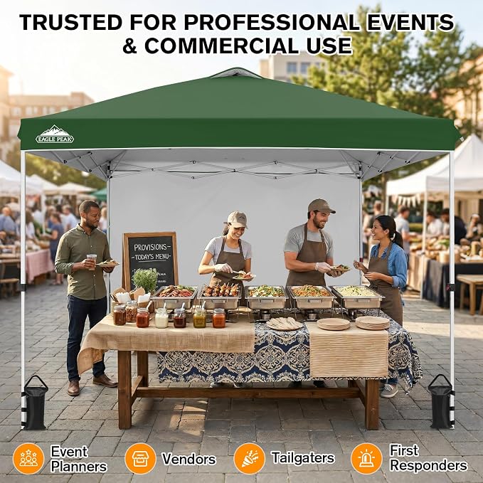 EAGLE PEAK Commercial Canopy 10x10 Pop Up Canopy Tent with 1 Sidewall, Easy Setup Heavy Duty Instant Event Shelter for Vendors & Markets, Outdoor Sun Shade, Green