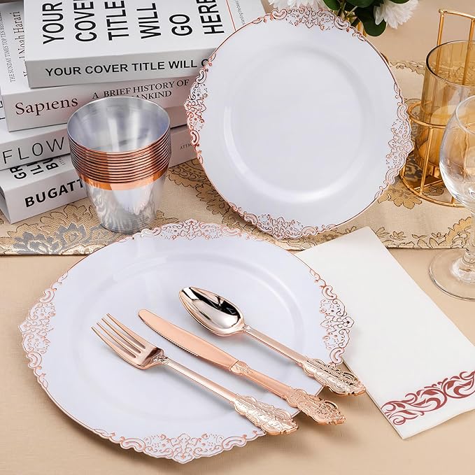 Bestluck 350PCS Rose Gold Plastic Plates for 50 Guests, Disposable Dinnerware Set Includes 100 Disposable Plates, 150 Rose Silverware, 50 Cups, 50 Napkins for Party, Wedding