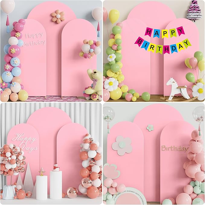 Wokceer Wedding Arch Backdrop Cover 7.2FT, 6FT, 6FT Spandex Set of 3 Wedding Arch Stand Covers Round Top Chiara Backdrop Stands Cover for Birthday Party Ceremony Banquet Decor Pink