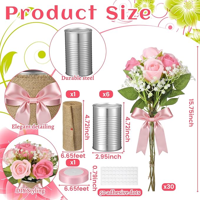 Suncalla 45 Pcs/6 Set Floral Baby Shower Decorations for Girl Rustic Vase Table Centerpieces with Burlap Bow Pink Flower Metal Vases Decor for Baby Girls Wedding Reception Picnic Party Table Decor